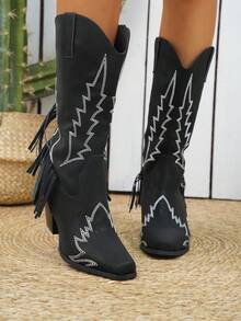 女士西部刺繡時尚靴子，女士時尚刺繡流蘇西部靴指尖尖錐形粗高跟時尚中筒靴秋冬新款黑色，女性牛仔靴 - 黑色 - 查看 4