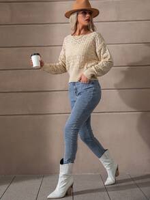SHEIN LUNE Pointelle Knit Drop Shoulder Sweater - Apricot - View 6