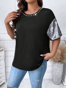 SHEIN Clasi 大碼亮片拼接落肩T恤 - 黑色 - 查看 3