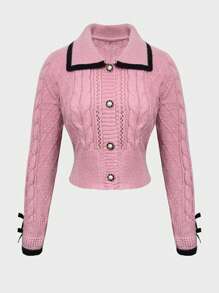 SHEIN MOD 拼接邊前紐扣麻花編織開襟衫 - 粉色 - 查看 1