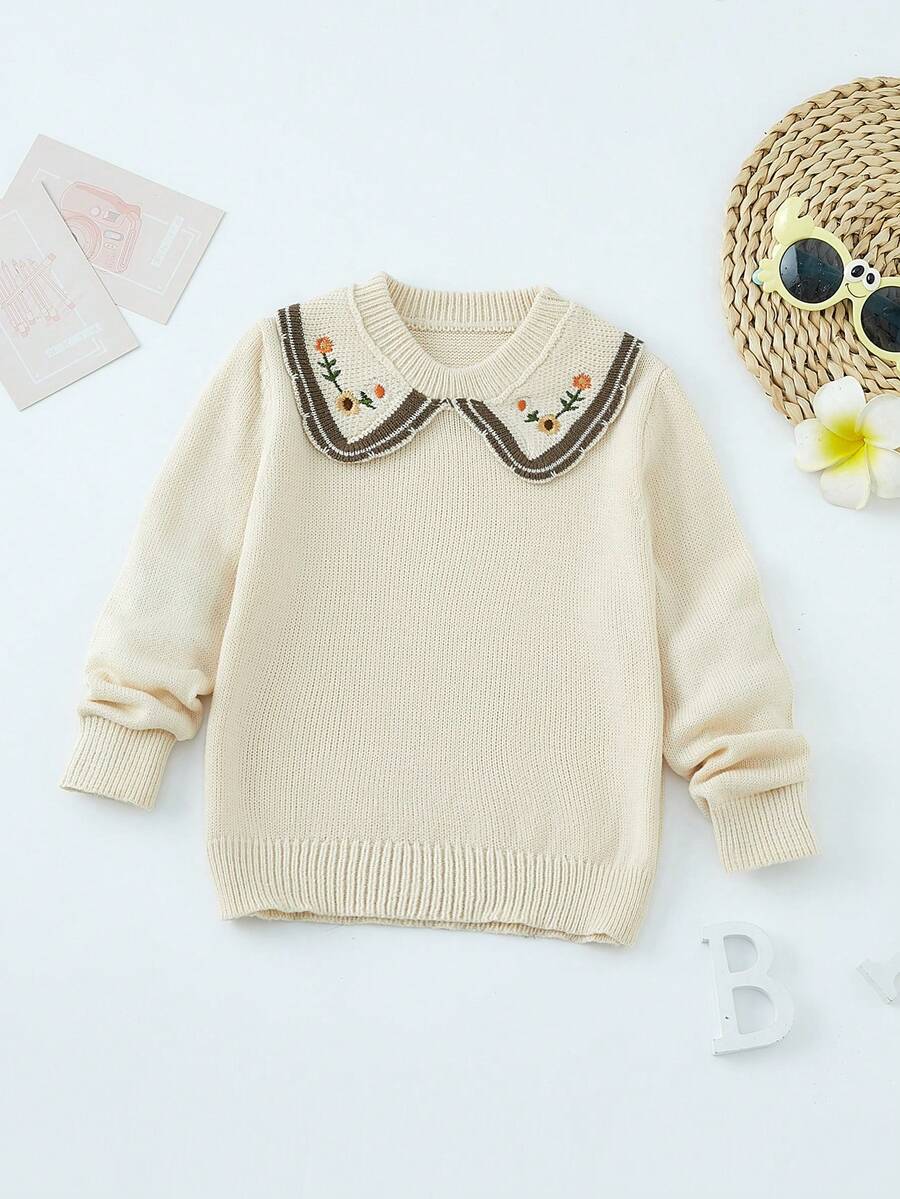 SHEIN 女小童花卉刺繡彼得潘領套頭毛衣 - 杏色 - 查看 1