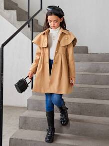 SHEIN Tween Girl 1pc Overlay Fold Pleated Detail Overcoat - Camel - View 10