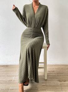 Chiquease Solid Ruched Front Dress Fall Cloth For Women - Green - View 6