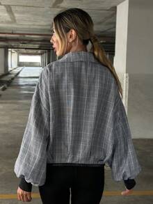 SHEIN Essnce 格紋印花落肩袖拉鏈開襟夾克 - 黑與白 - 查看 2