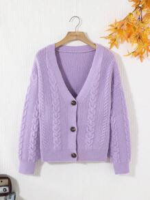 SHEIN Thiếu niên cô gái Chất rắn Nút phía trước Thả vai Áo len Mở - Màu tím - Xem 1