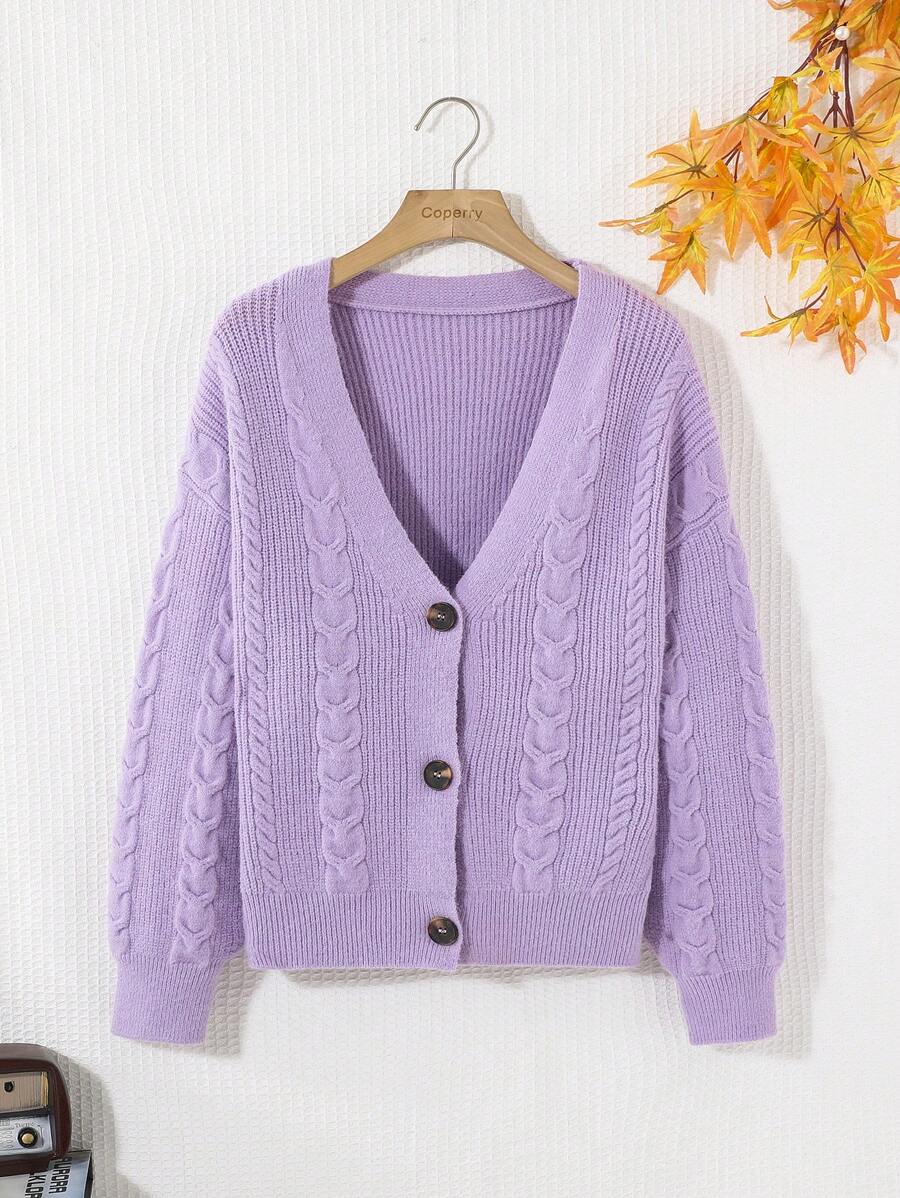 SHEIN Thiếu niên cô gái Chất rắn Nút phía trước Thả vai Áo len Mở - Màu tím - Xem 1