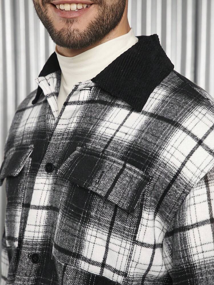 Men 1pc Plaid Print Drop Shoulder Flap Pocket Contrast Collar Padded Coat