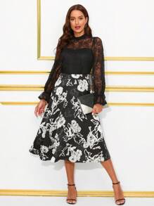 SHEIN Clasi Mock Neck Flare Sleeve Lace Top - Black - View 4