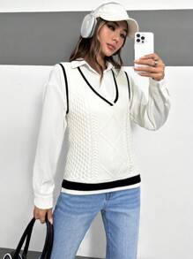 SHEIN Unity 拼接邊麻花編織毛衣背心不帶襯衫 - 白色 - 查看 1