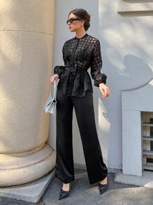 Aloruh Sheer Belted Blouse Without Bra - Black - View 4