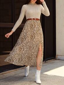 SHEIN Frenchy Leopard Print Split Thigh Dress Without Belt Winter Cheetah Casual - Multicolor - View 1