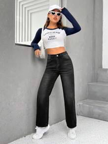 SHEIN PETITE Straight Leg Jeans - Black - View 4