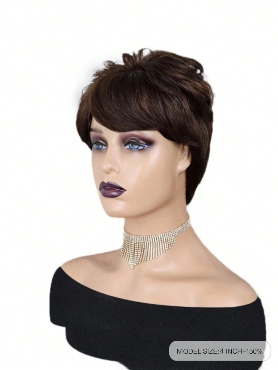 Short Wavy Curly Pixie Bob Wig, Fully Hand-Knitted No Lace Real Hair Wig With Bangs - S4 - View 1