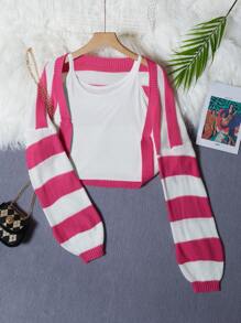 Teen Girl Striped Pattern Lantern Sleeve Duster Cardigan - Watermelon Pink - View 1