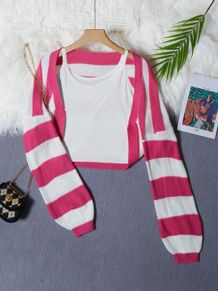 Teen Girl Striped Pattern Lantern Sleeve Duster Cardigan