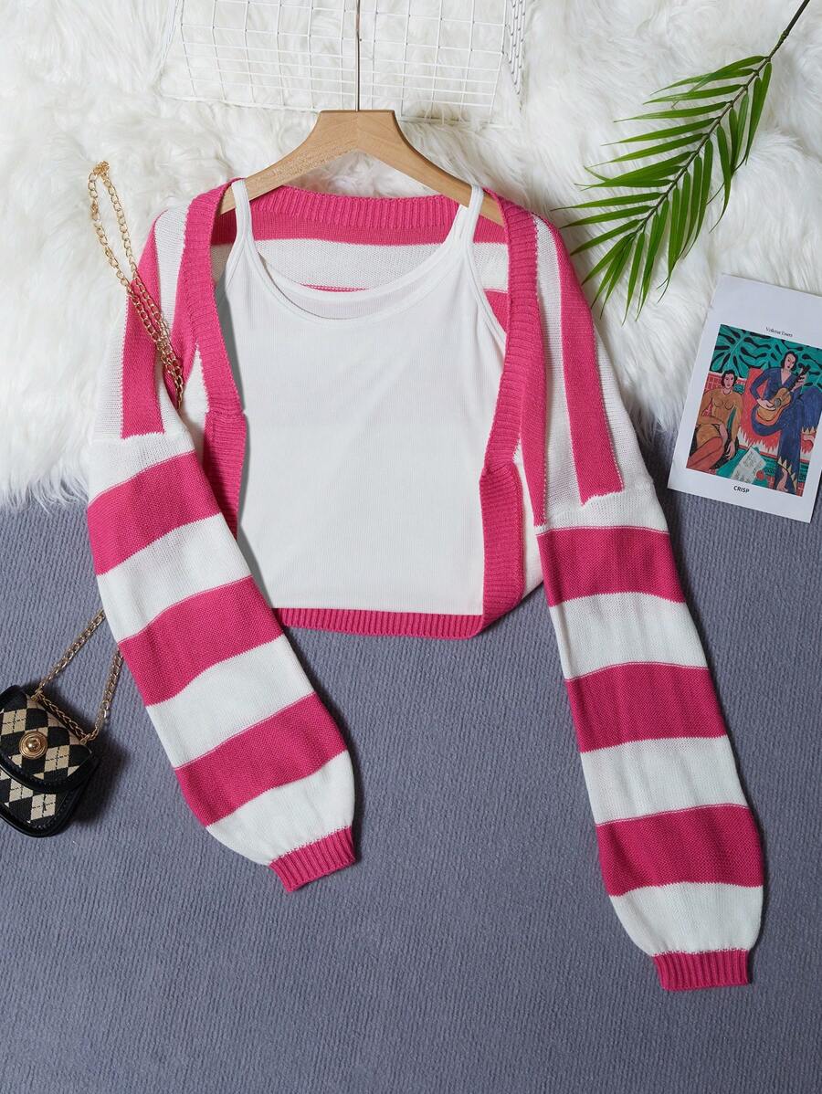 Teen Girl Striped Pattern Lantern Sleeve Duster Cardigan - Watermelon Pink - View 1