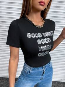 SHEIN Unity Sequin Letter Pattern Tee - Black - View 3