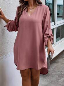 SHEIN LUNE Talla grande Vestido túnico de manga enrollada con botón bajo irregular