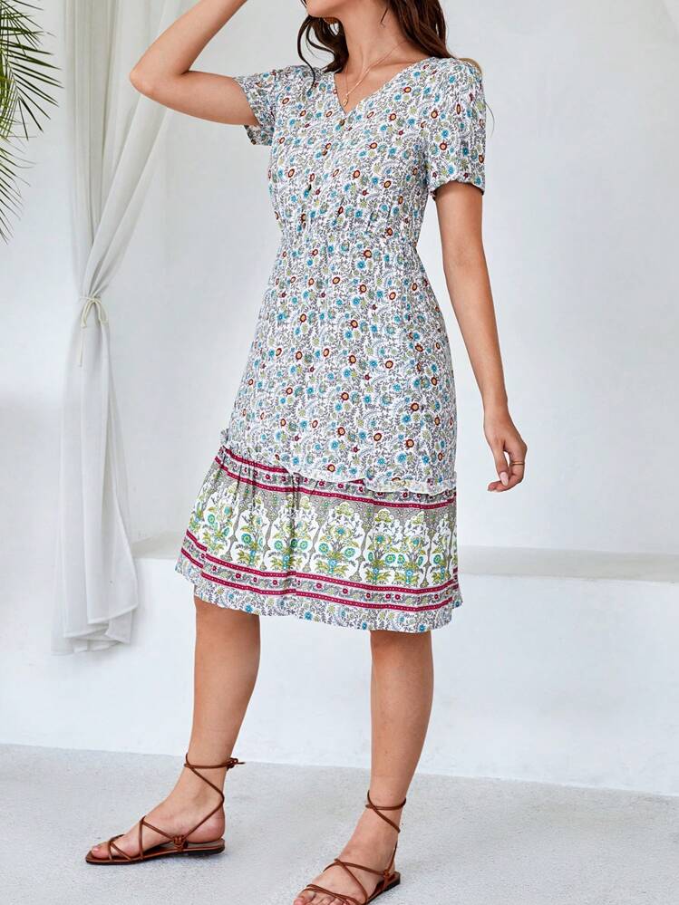 SHEIN VCAY הדפס פרחוני שרוול מנופח שכבות מלמלה שמלות - ריבוי צבעים - ראה 1