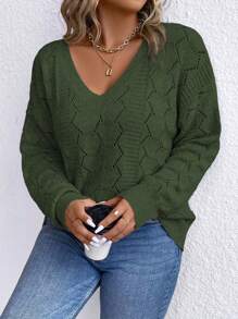 SHEIN LUNE Plus Pointelle Knit Drop Shoulder Sweater, Winter Knit Pullover Fall Autumn - Dark Green - View 3
