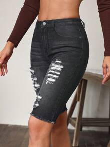Ripped Raw Hem Denim Shorts - Black - View 5