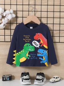 SHEIN Baby Boy Dinosaur & Slogan Graphic Tee - Navy Blue - View 1