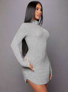 SHEIN SXY 羅紋針織弧形下擺緊身洋裝 - 灰色 - 查看 5