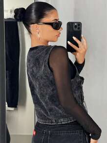 SHEIN ICON 拉鏈開襟短款夾克背心 - 深灰色 - 查看 2