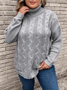SHEIN LUNE Plus Turtleneck Cable Knit Drop Shoulder Sweater - Grey - View 4