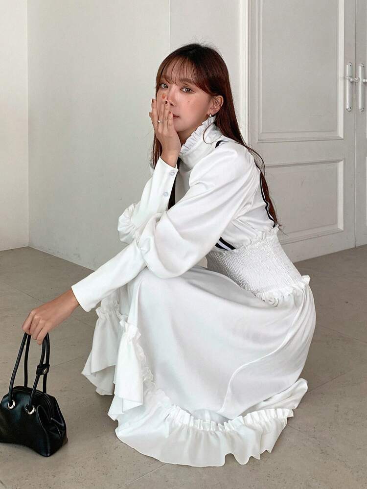 Solid Mock Neck Ruffle Hem Dress
