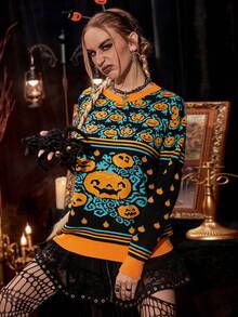 PUNK Hoa văn Halloween Thả vai Áo len - màu đen - Xem 5