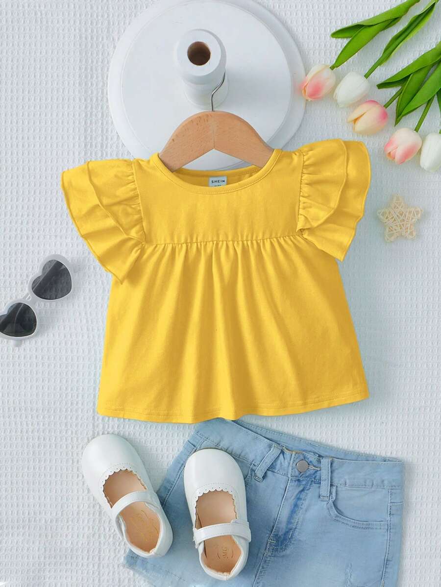 SHEIN Cute Knitted Baby Girl Round Neck Short Cap Sleeves Top & Solid Color Ruffle Hem T-Shirt
