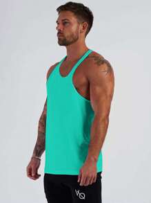 Manfinity Fitness 男式纯色工字背心运动背心健身上衣健身房健身上衣透气健身上衣 - 藍色 - 查看 3