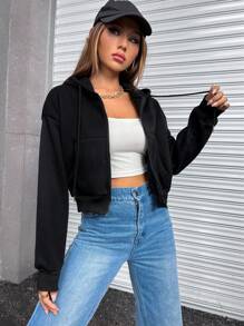 SHEIN Unity 字母图案落肩连帽套头衫秋季卫衣 - 黑色 - 查看 6