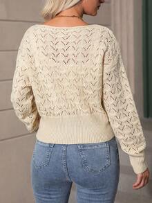 SHEIN LUNE Pointelle Knit Drop Shoulder Sweater - Apricot - View 2