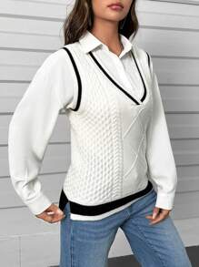 SHEIN Unity 拼接邊麻花編織毛衣背心不帶襯衫 - 白色 - 查看 6