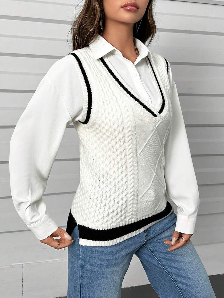 Contrast Trim Cable Knit Sweater Vest Without Blouse