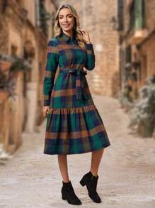 EMERY ROSE 格紋印花束帶襯衫洋裝