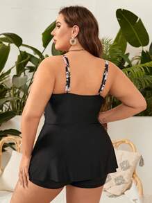 Swim Lushoire Summer Beach Plus Floral Print Ruffle Hem Dress Swimsuit - Multicolor - View 2