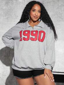 SHEIN CURVE+ 大碼字母圖案落肩袖1/4拉鍊運動衫 - 淺灰色 - 查看 4