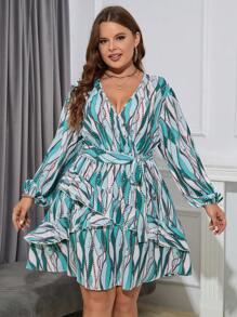 SHEIN Clasi Hơn In Toàn bộ Tay áo lồng đèn Viền Ruffle Váy có thắt lưng - Nhiều màu - Xem 5