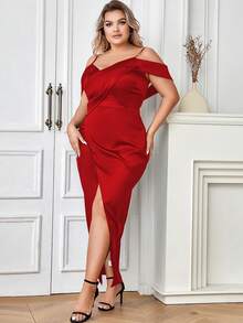Plus Cold Shoulder Wrap Hem Dress - Red - View 6