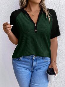 SHEIN LUNE Hơn Khối màu Tay Raglan Dệt kim Waffle Áo thun - Nhiều màu - Xem 6