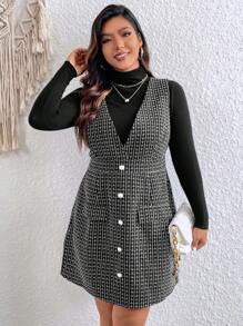 Celure Plus Plaid Pattern Button Front Tweed Overall Dress Without Sweater