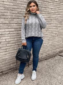 SHEIN LUNE Plus Turtleneck Cable Knit Drop Shoulder Sweater - Grey - View 6