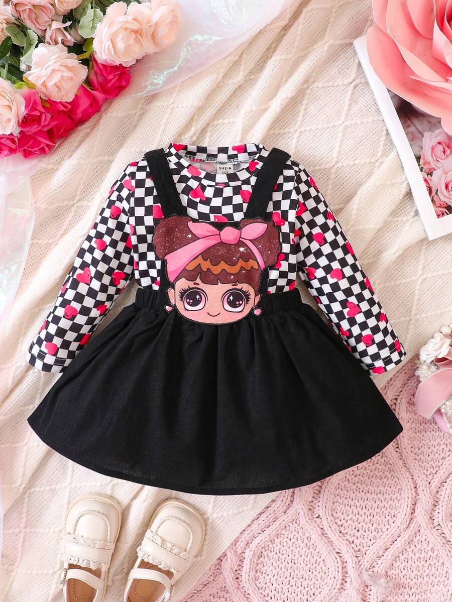 Baby Girl Checker & Heart Print Tee & Overall Dress - Multicolor - View 1