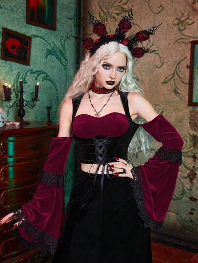 Goth Colorblock Lace Up Front Velvet Top