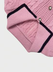 SHEIN MOD 拼接邊前紐扣麻花編織開襟衫 - 粉色 - 查看 4