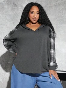 SHEIN CURVE+ Plus Size Plaid Print Drop Shoulder Sweatshirt - Grey - View 1