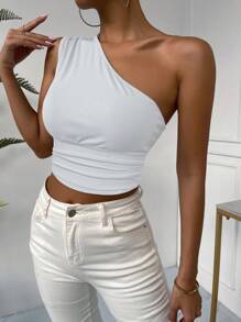 Allurite 夏季實色肋針一字肩褶皺短款上衣 - 白色 - 查看 1